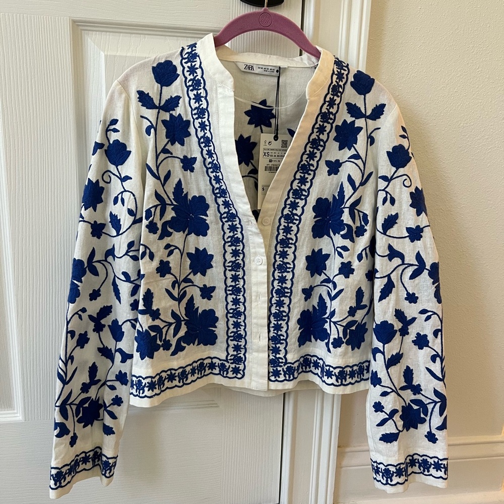Zara Blue and White Embroidered Linen Shirt Jacket XS New